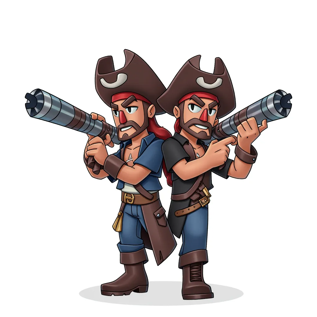 a two-headed pirate with bazooka arms