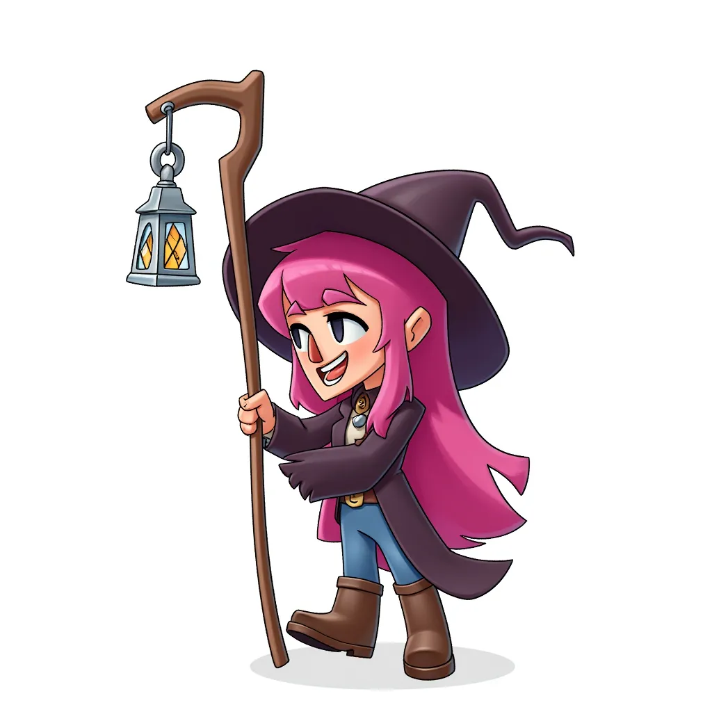 Cute magenta haired witch always has a lantern hanging from her staff.