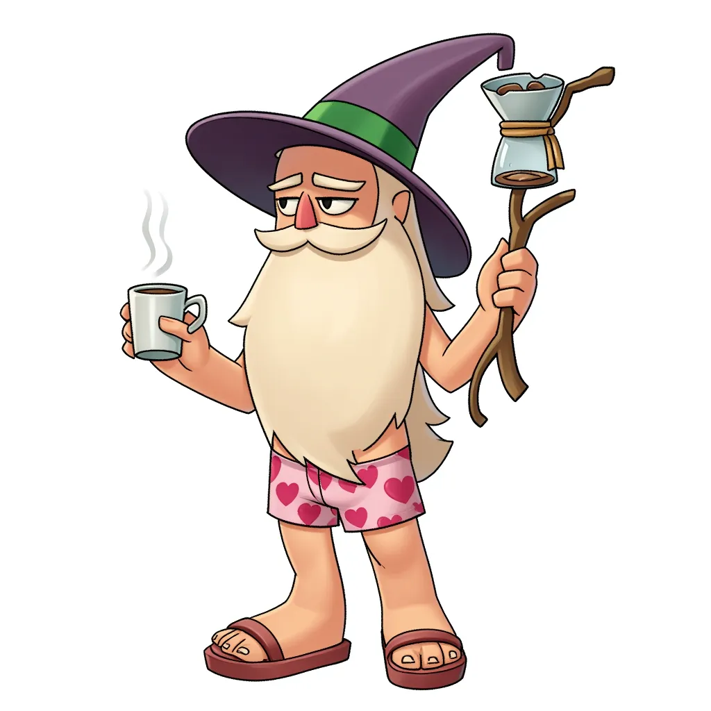 cartoon illustration of an old wizard wearing a tall pointed hat and heart-pattern boxers, holding a mug of coffee in one hand and a magic staff topped with a coffee pot in the other, long white beard, relaxed expression, soft shading, clean outlines, centered on white background, humorous fantasy character, digital art