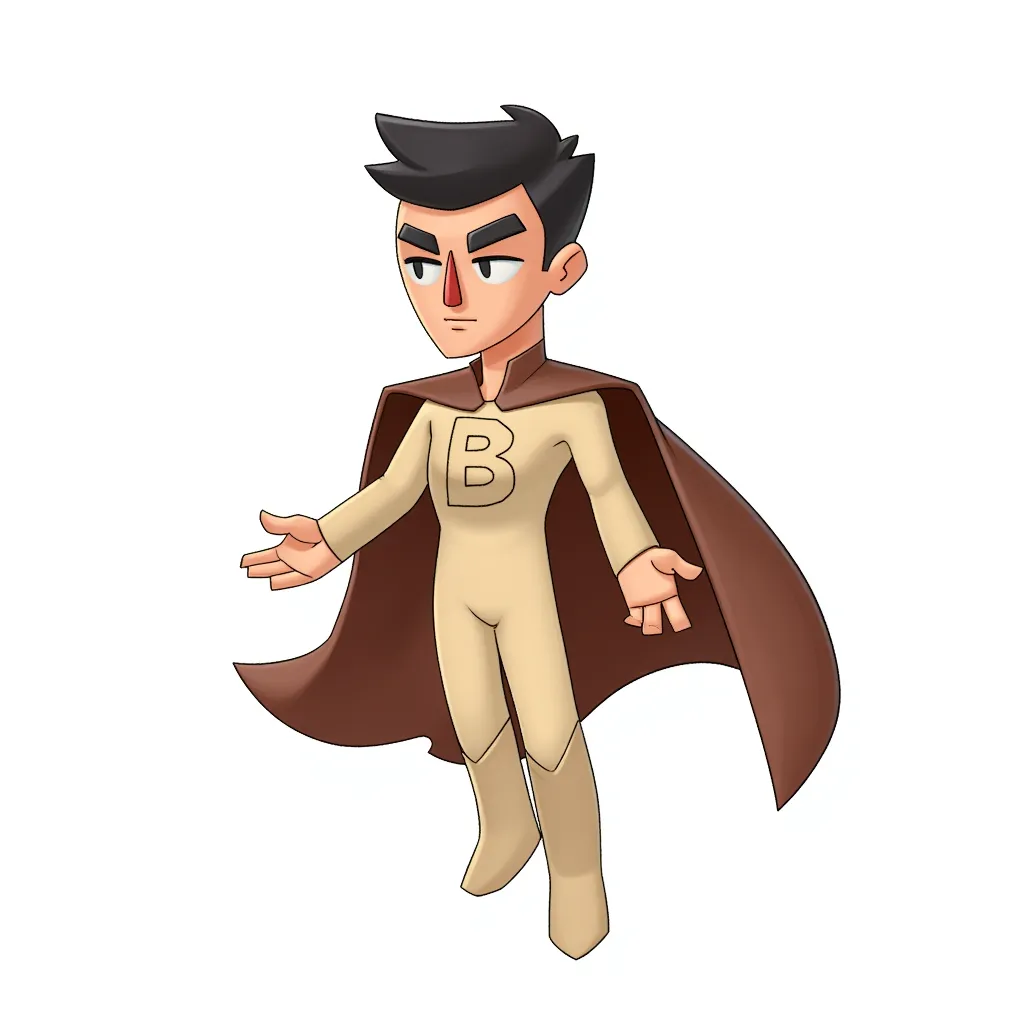 cartoon illustration of a calm superhero hovering in the air, wearing a beige suit with a brown cape and a large letter “B” on the chest, confident yet relaxed expression, clean line art, flat digital shading, centered on white background, stylized chibi hero character, digital art