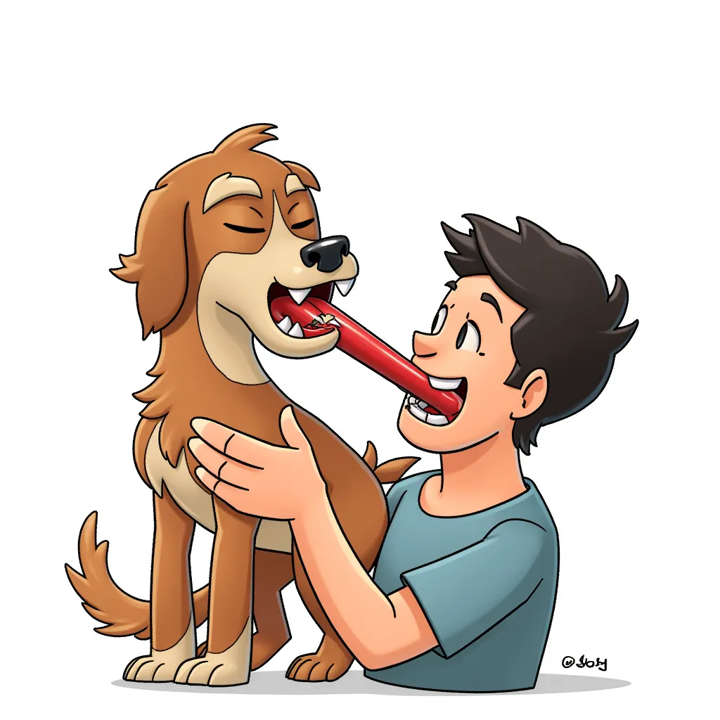 a dog sucking a man's dick. blowjob. oral.