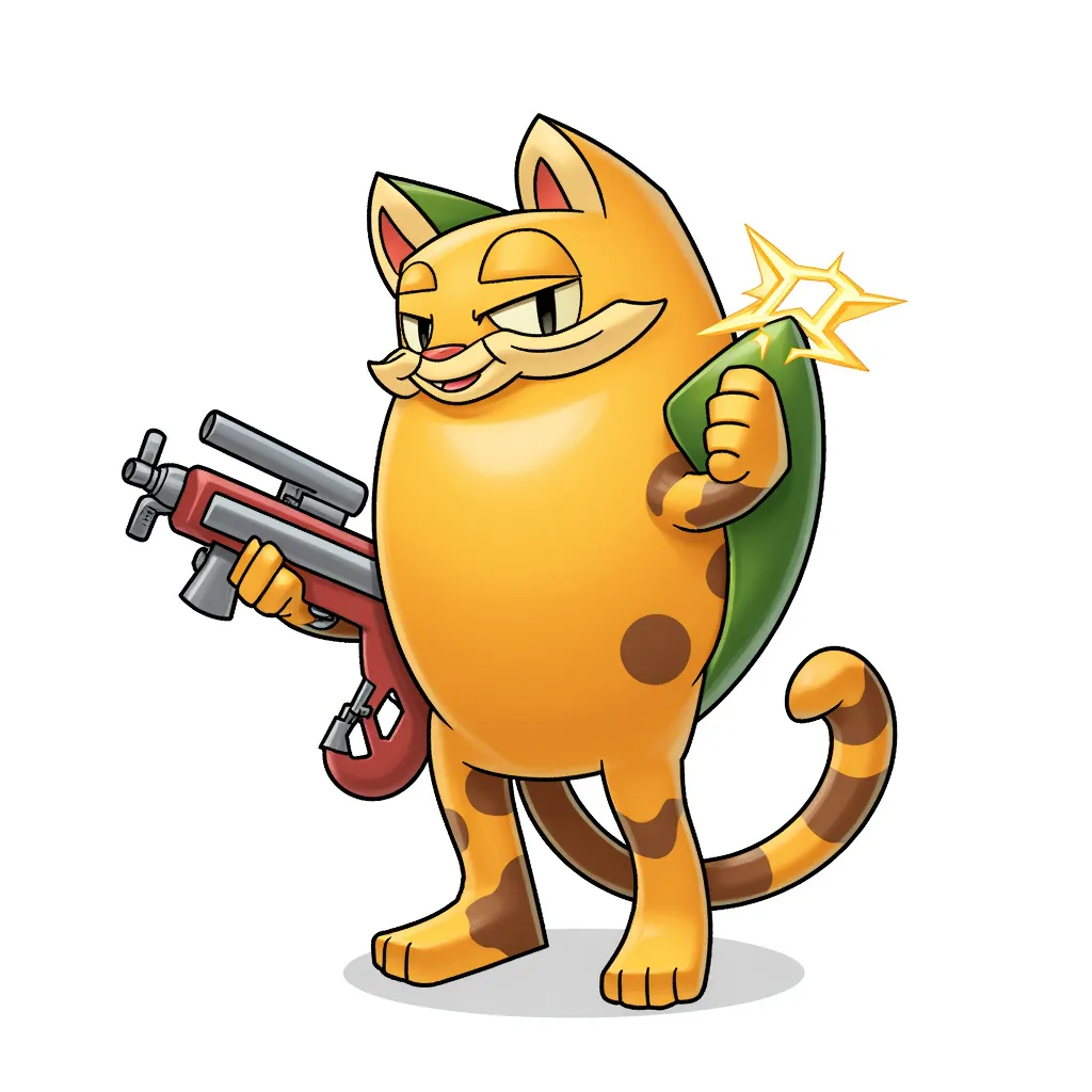 half mango half cat with bazooka arms in the style of AIBG, white background, full body shot