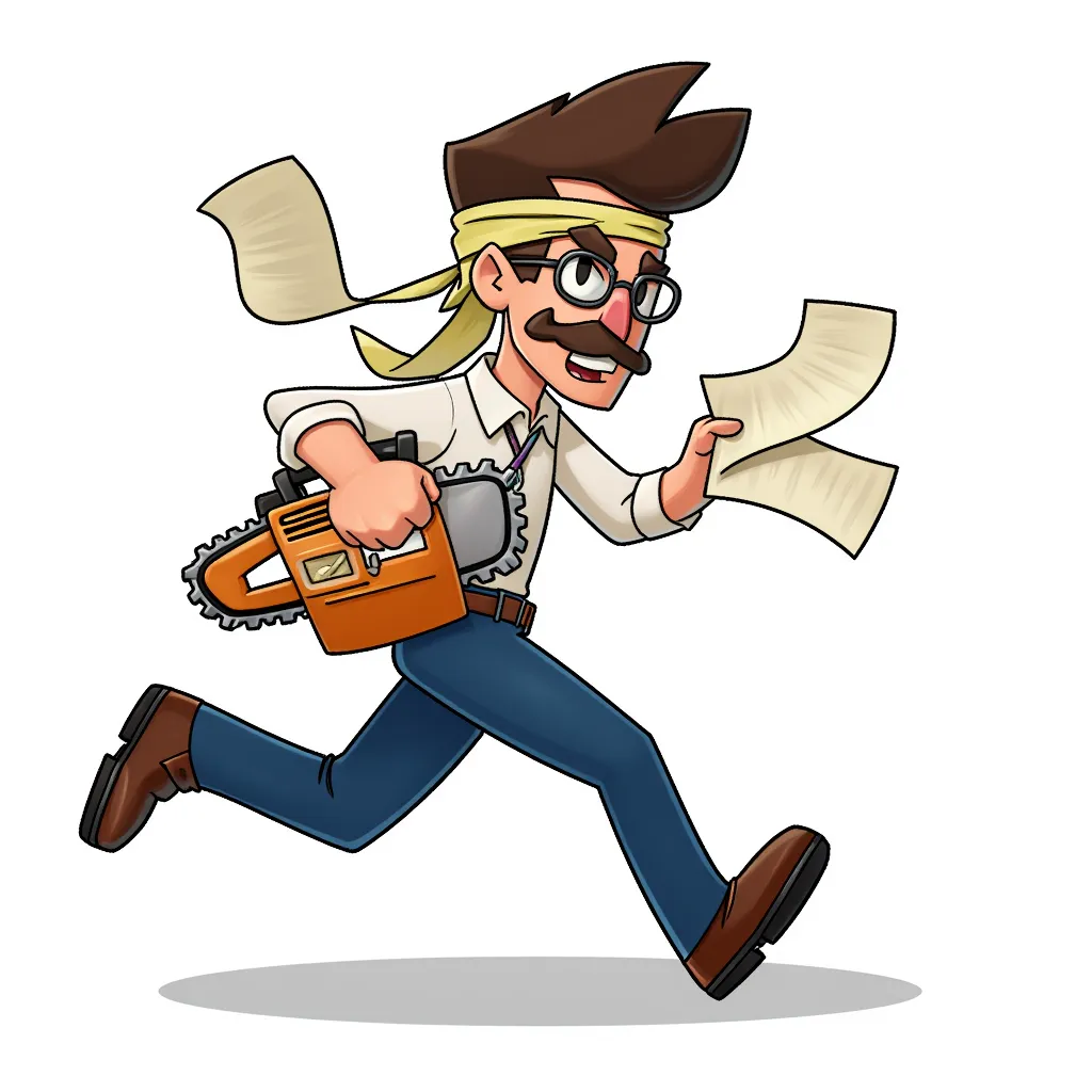 An office man rocking a moustache and glasses, got sick of using paper so he grabbed a chainsaw, wrapped his tie around his forehead and is running to the nearest forest.