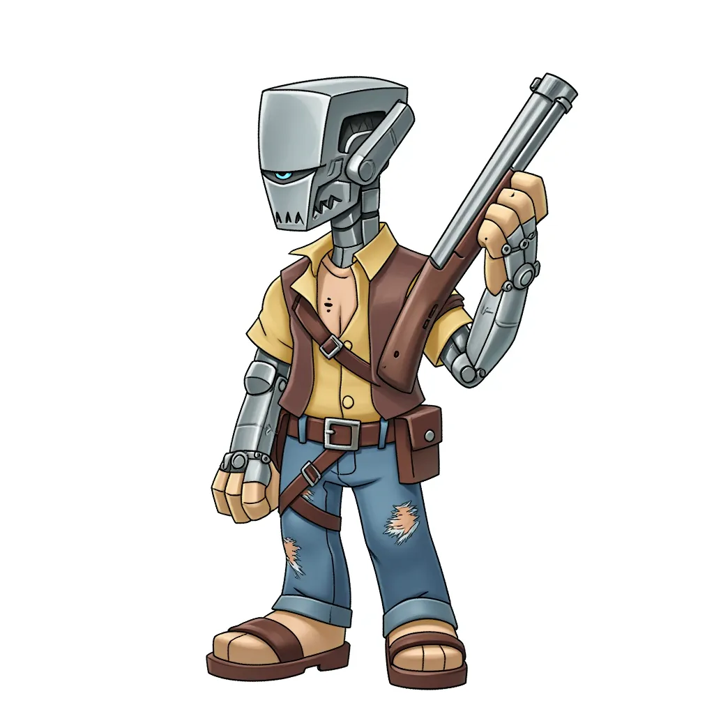 cartoon illustration of a half-human half-robot man holding a shotgun, wearing torn jeans and a brown vest, metal limbs and glowing eye, serious expression, clean line art, flat digital shading, centered on white background, stylized chibi sci-fi character