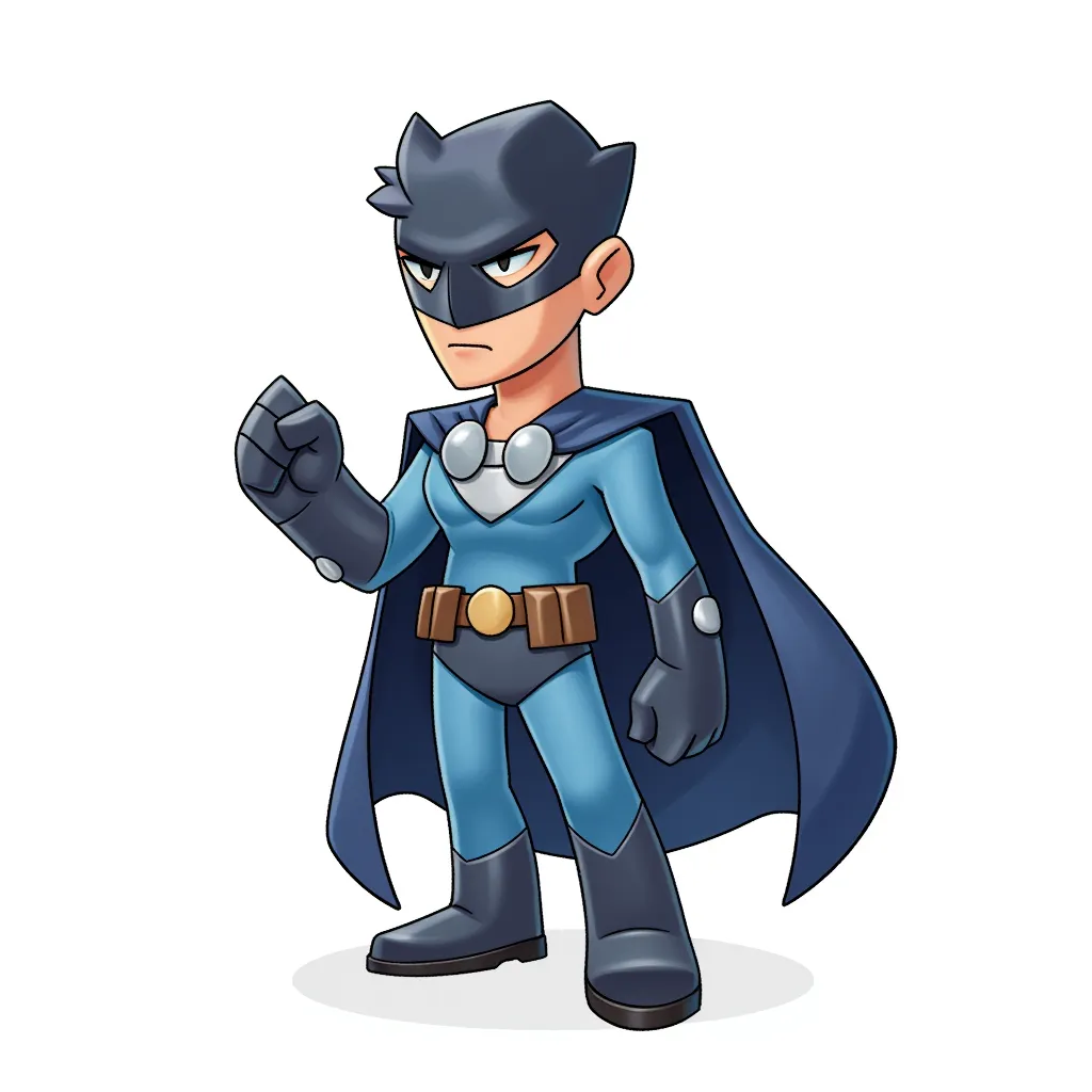 cartoon illustration of a stoic blue-suited hero with dark gloves, boots, and cape, standing in a strong pose with one fist raised, clean line art, flat digital shading, centered on white background, stylized chibi superhero design, digital art