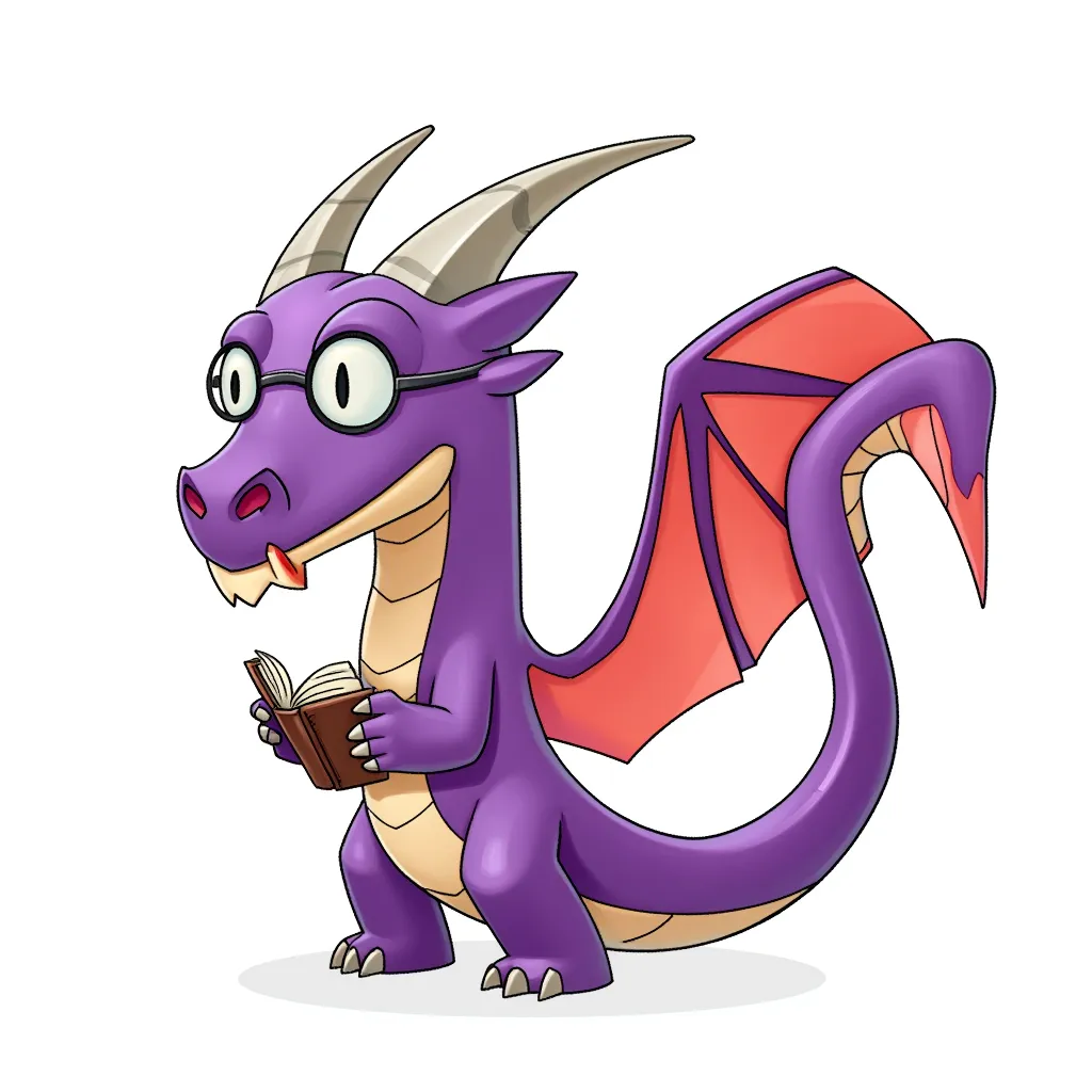 cartoon illustration of a purple dragon with red wings and small horns, wearing round glasses and holding a book with its tail, calm expression, clean line art, flat digital shading, centered on white background, fantasy creature design, chibi style
