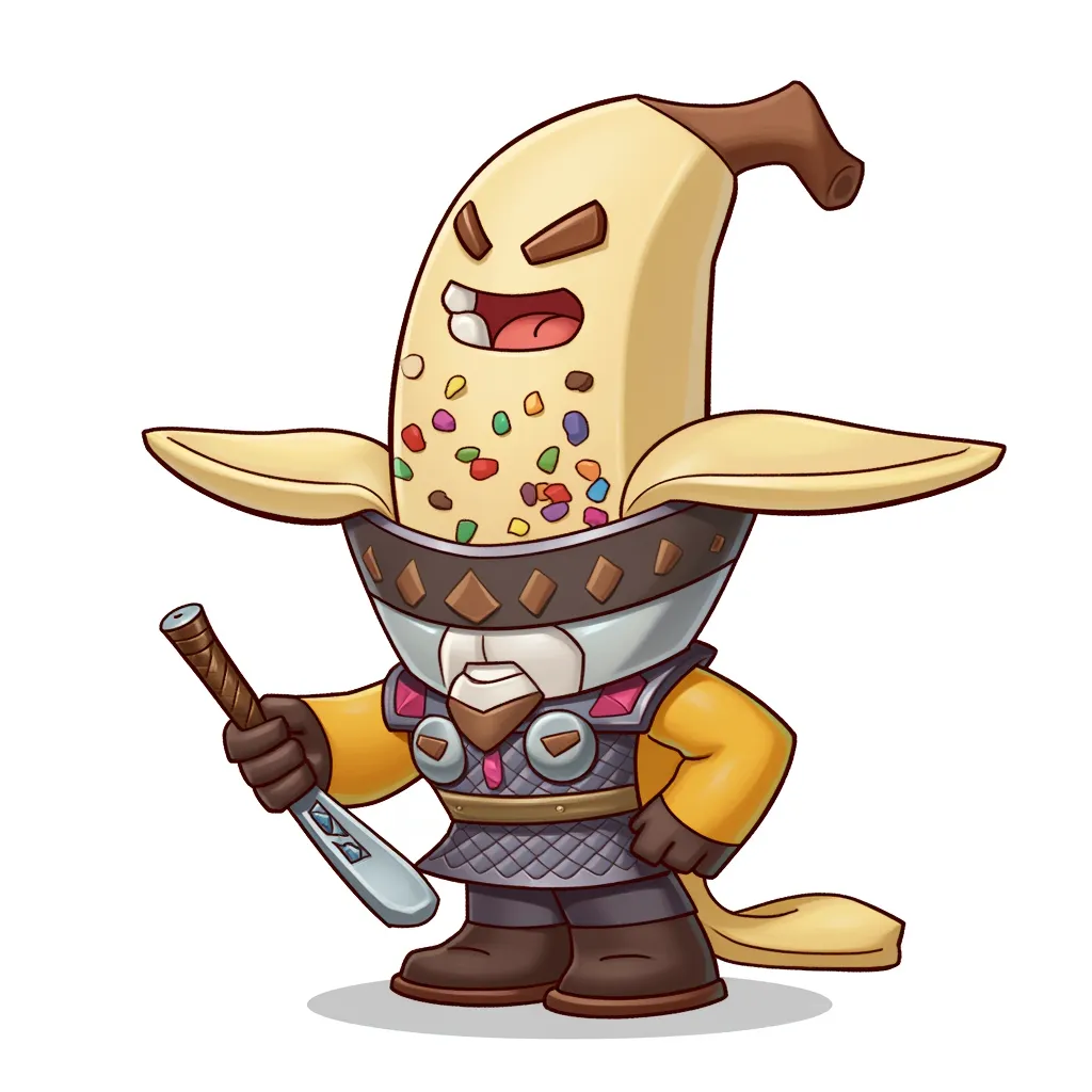 Who knew a banana split could be a samurai, don't let the sprinkles on his forehead deceive you, his banana sword is sharp.