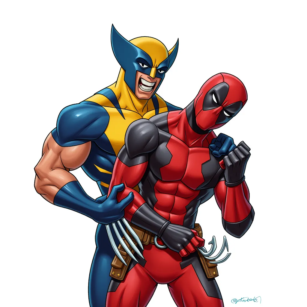 wolverine giving deadpool a handjob in the style of AIBG, white background