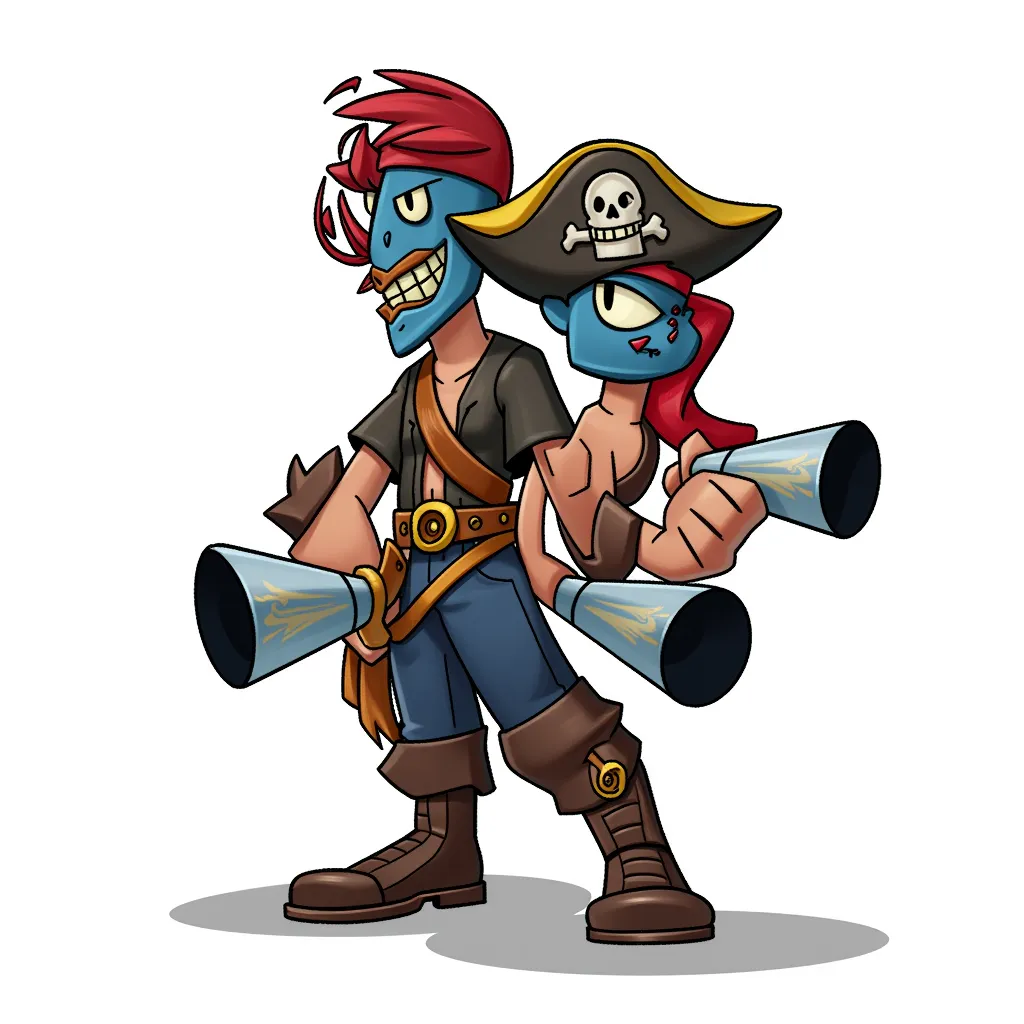a two-headed pirate with bazooka arms