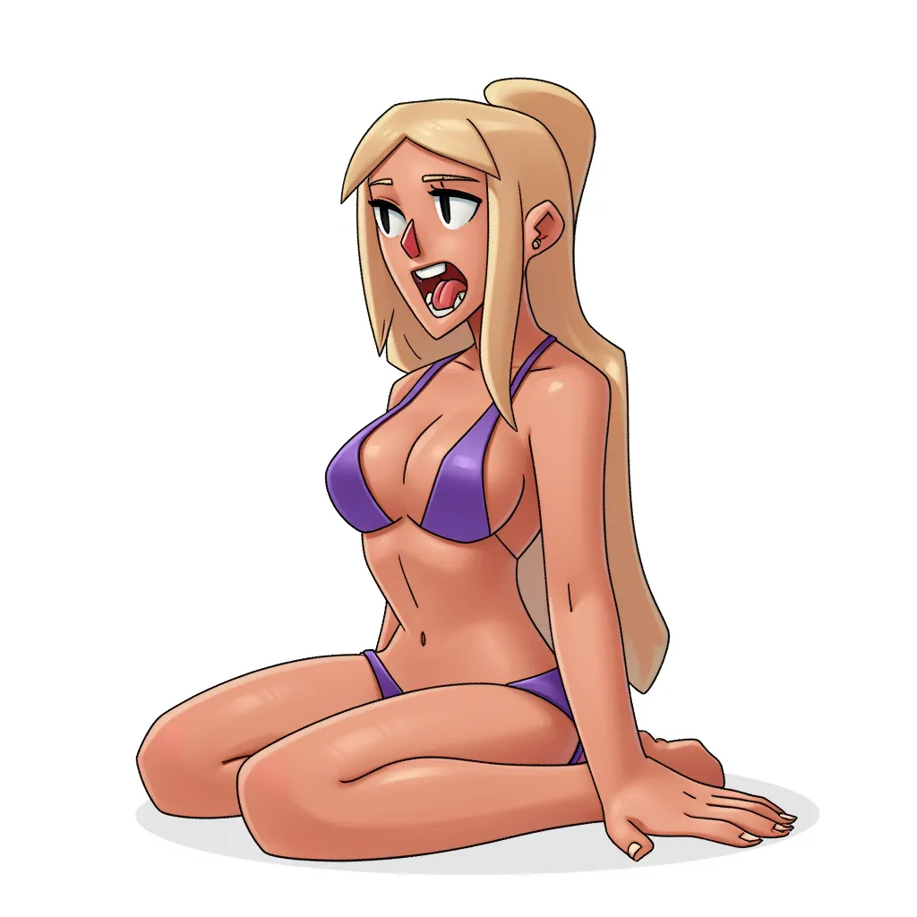 female kneeling, mouth open, tongue out, drooling, wearing bikini