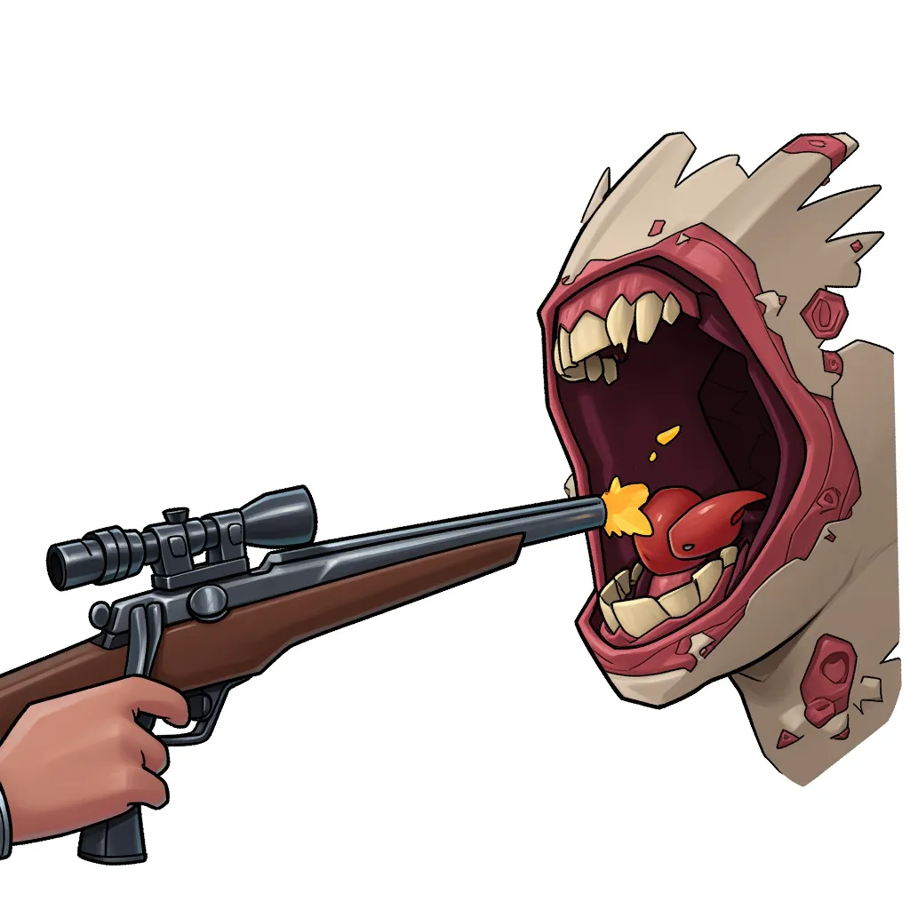 End of a battle rifle shooting a person in the mouth, gaping gashed hole with sharp edges of human flesh, not a zombie but a realistic cinema graphic movie quality Netflix digital actor