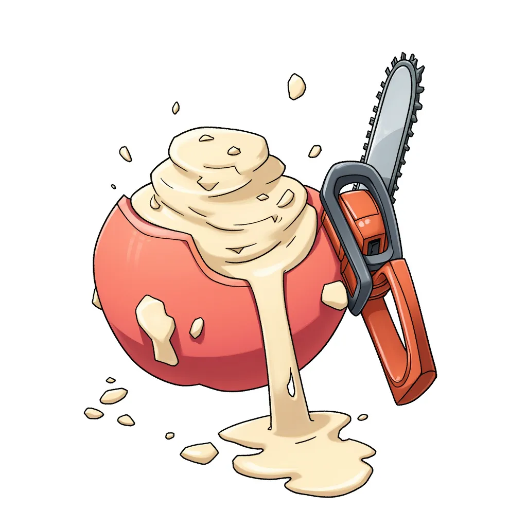 Huge dick accidentally chopped in half by a chain saw, instead of blood, white yogurt spills from the wounds onto the peach ice cream center shaft
