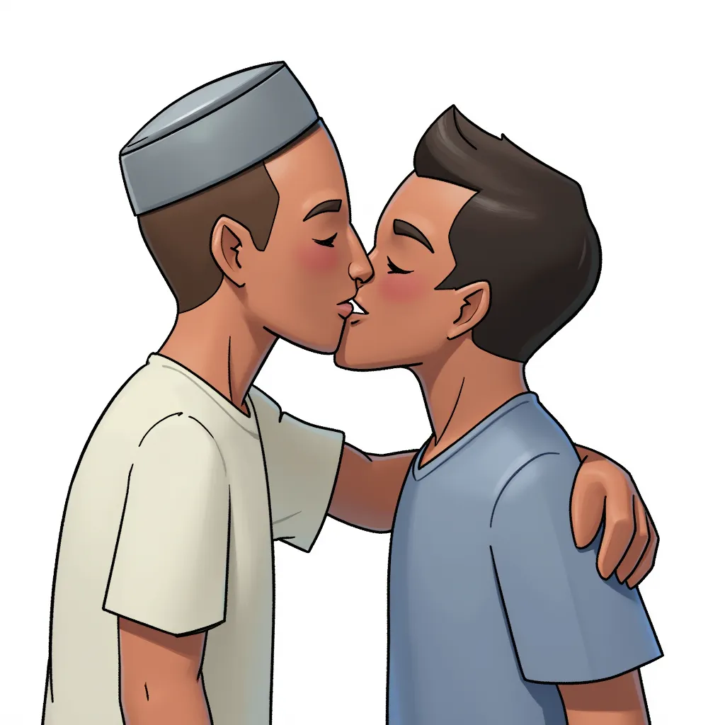 two muslim men kissing