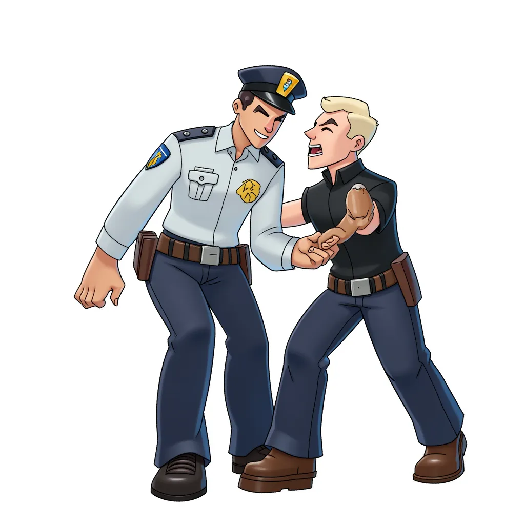white cop arresting a black man in the style of AIBG, white background
