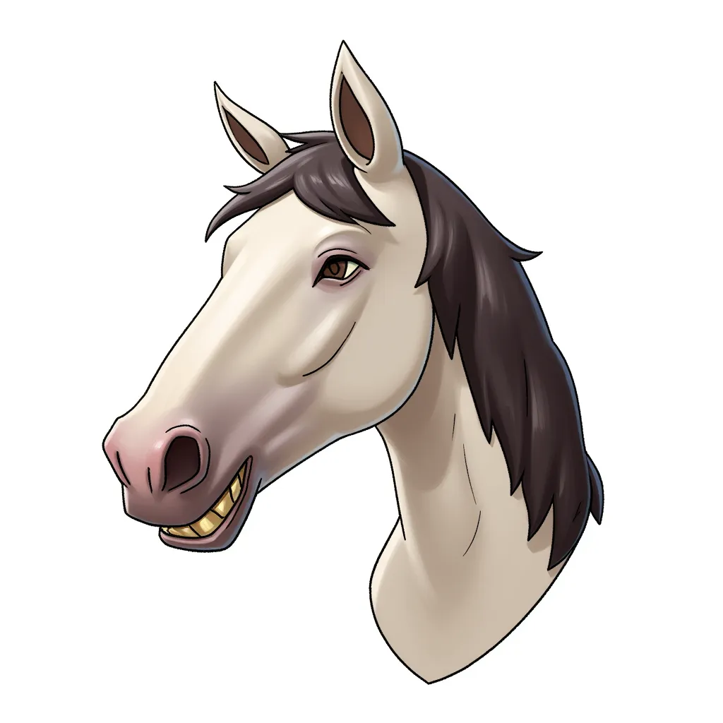 a horse with elon musk's head in the style of AIBG, white background, full body shot