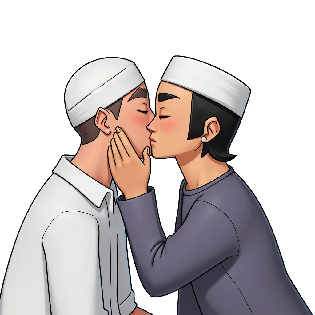 two muslim men kissing in the style of AIBG, white background
