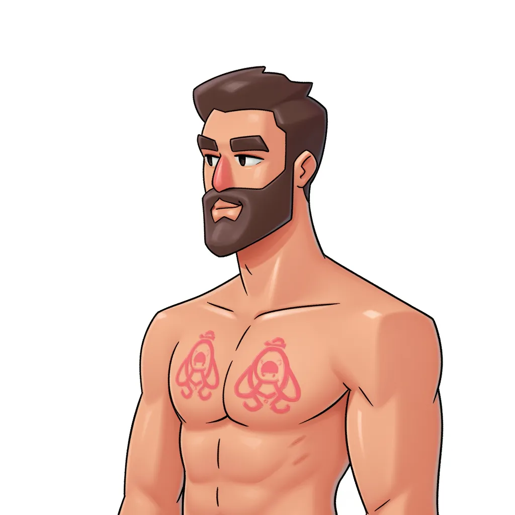 a shirtless man with the airbnb logo on his nipples