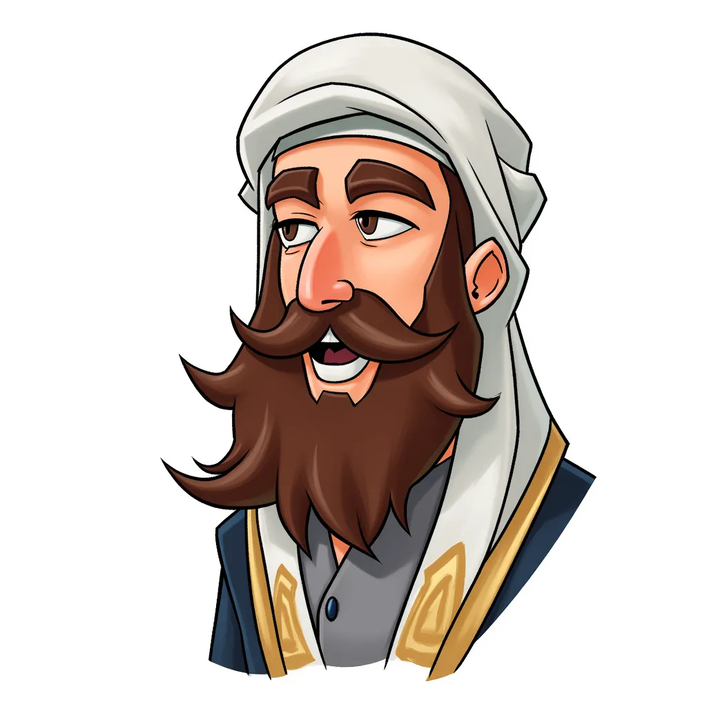allah caricature, long beard, exaggerated in the style of AIBG, white background