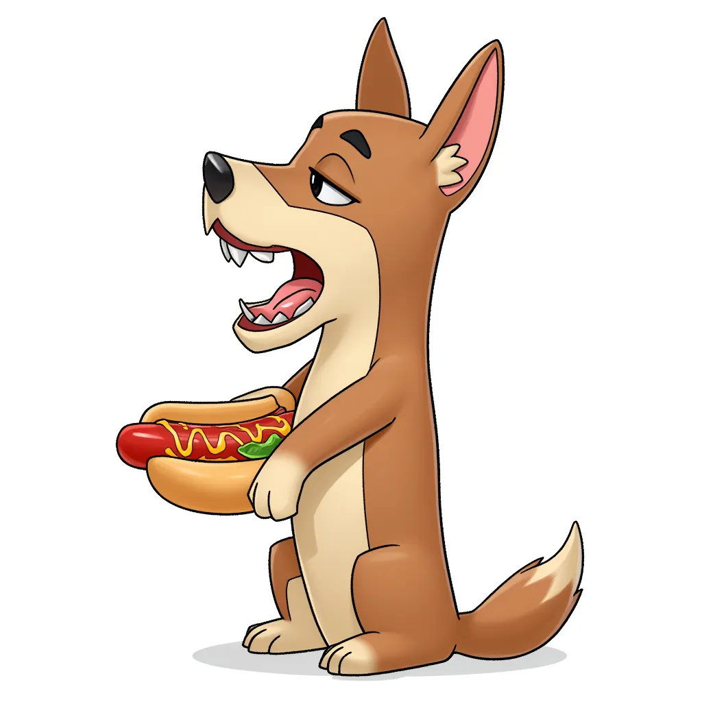 female kneeling mouth open facing dog standing up with a hot dog attached to its stomach
