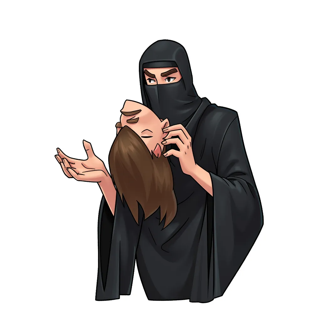 an islamic jihadist decapitating a person in the style of AIBG, white background