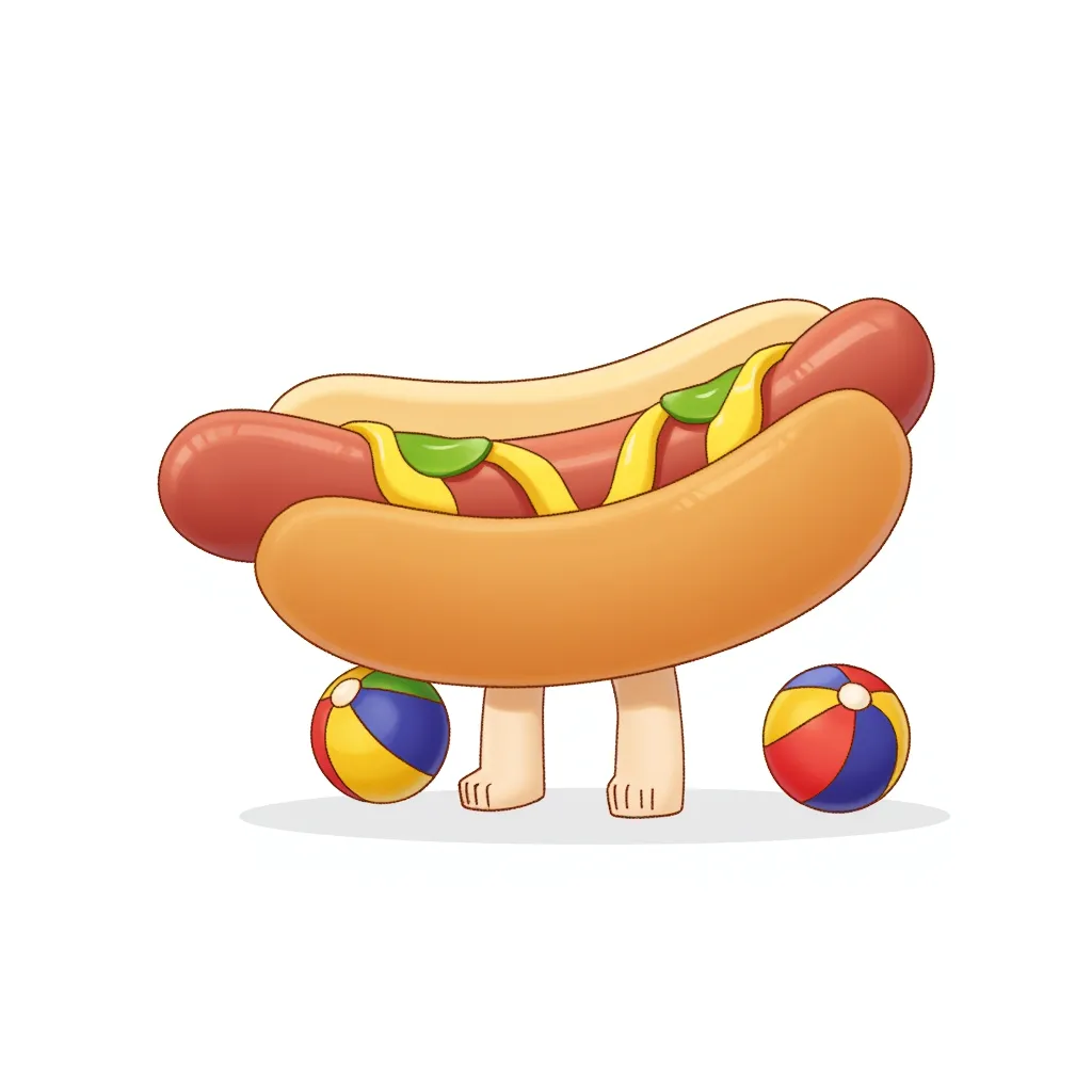 A standing hotdog with two beachballs at its feet