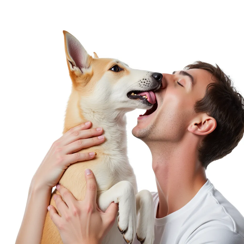 a dog sucking a man's dick. blowjob. oral.