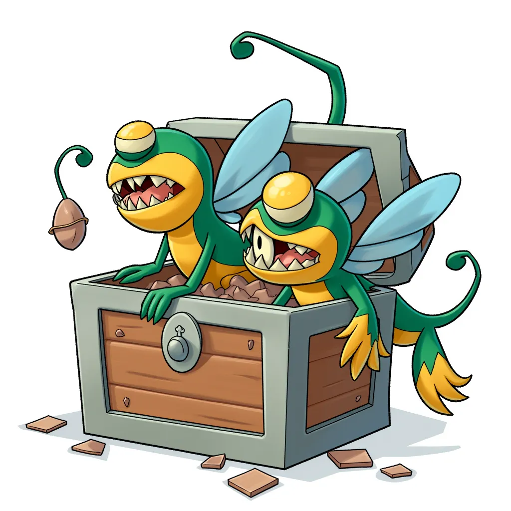 Surprised Bobby and Sus Billy are sibling Venus Fly Mimics, waiting to catch their latest prey in a forgotten treasure chest.