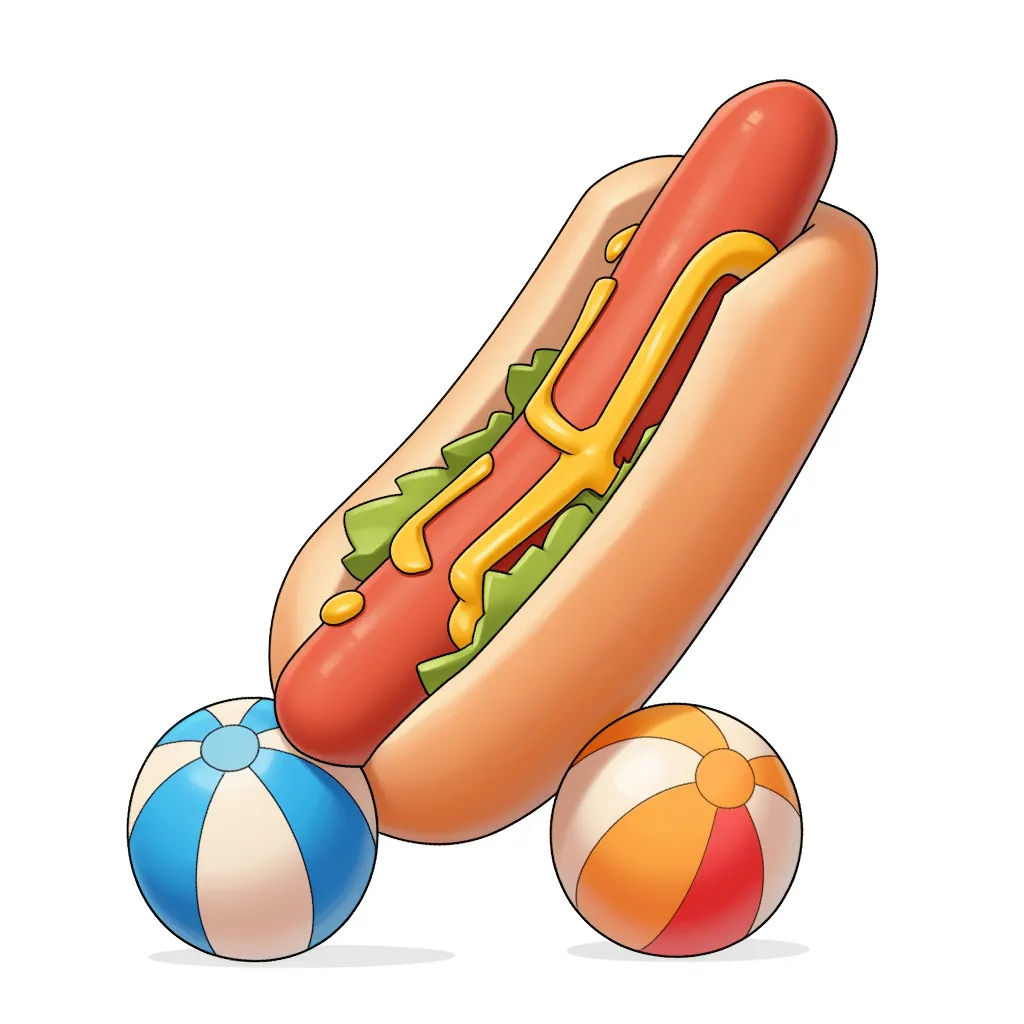 a hot dog with no bun and two beach balls at its feet