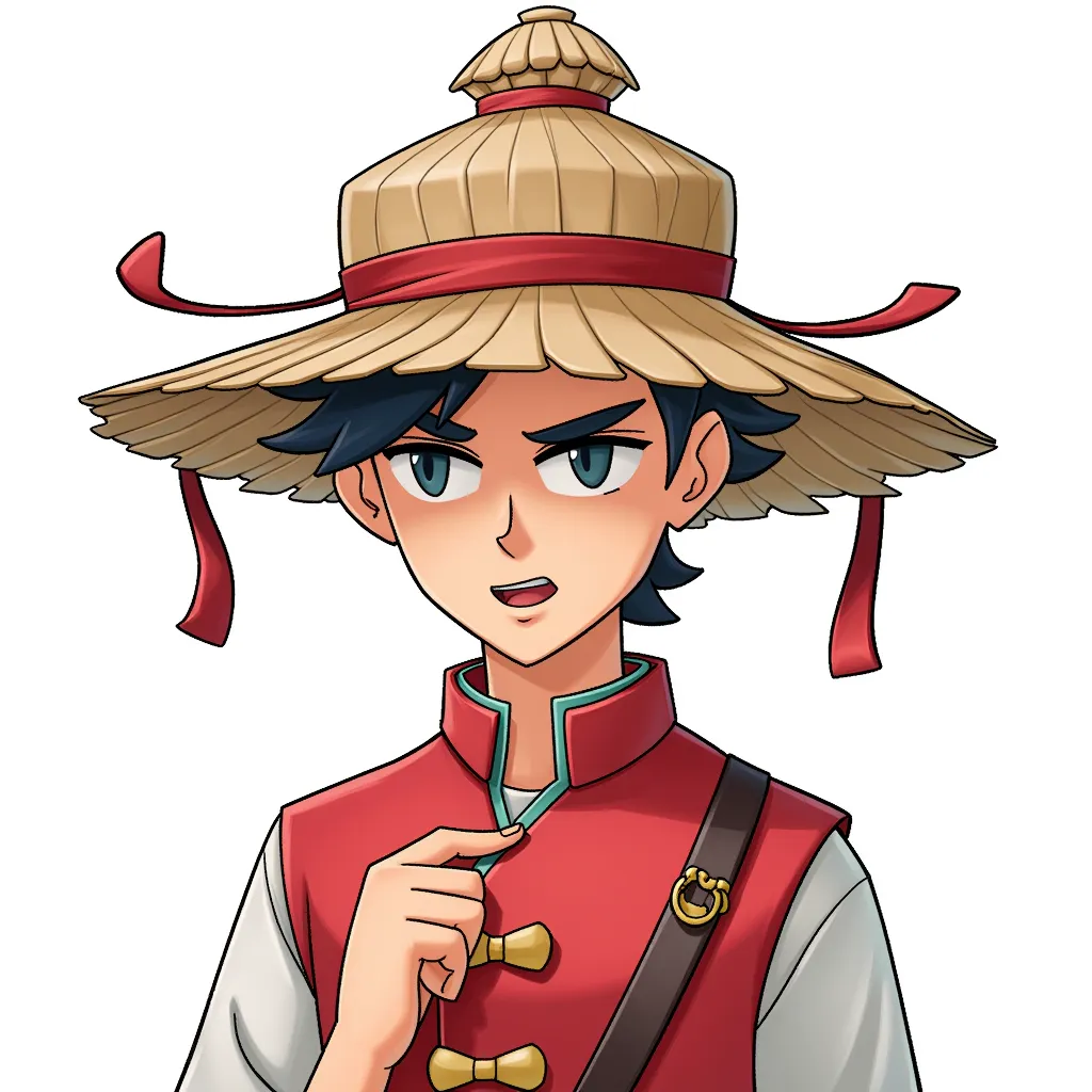 chinese man straw hat, line for eyes