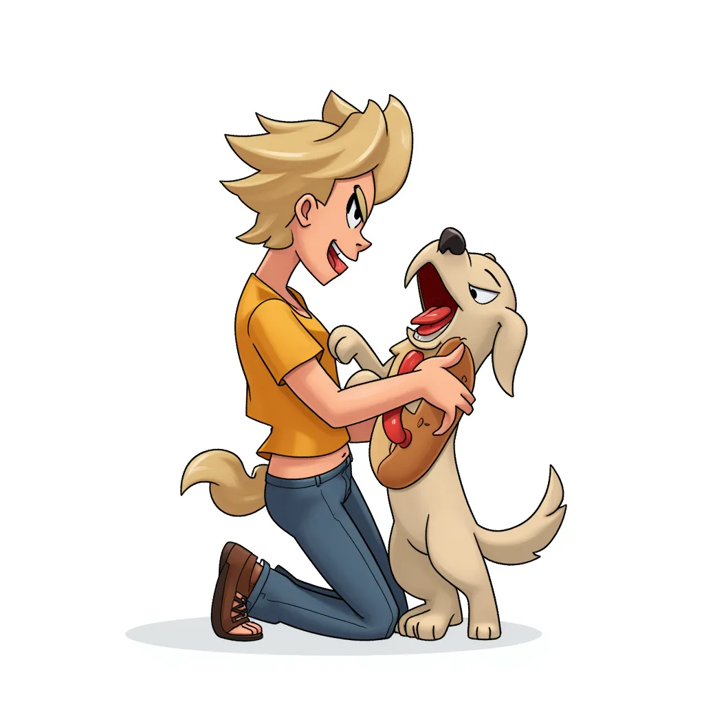 female kneeling mouth open facing dog standing up with a hot dog attached to its stomach in the style of AIBG, white background