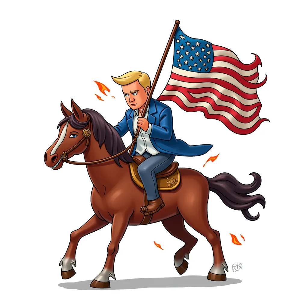 Putin riding trump with a burning american flag