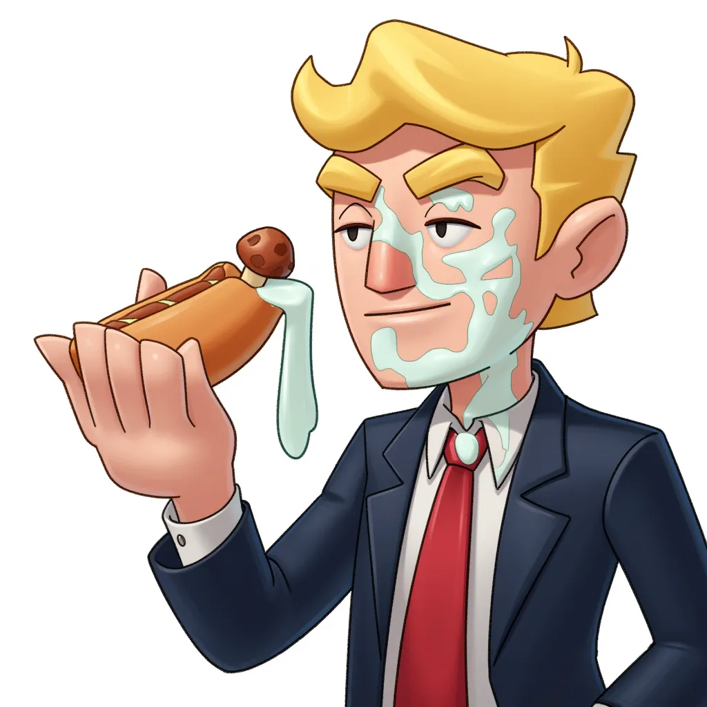 Donald Trump sumptuously enjoying huge amounts of sticky white goopy milk yogurt splattered on his face coming from a tan hot dog with a mushroom end that he is staring at longingly enjoying himself and all of this sticky goop on him