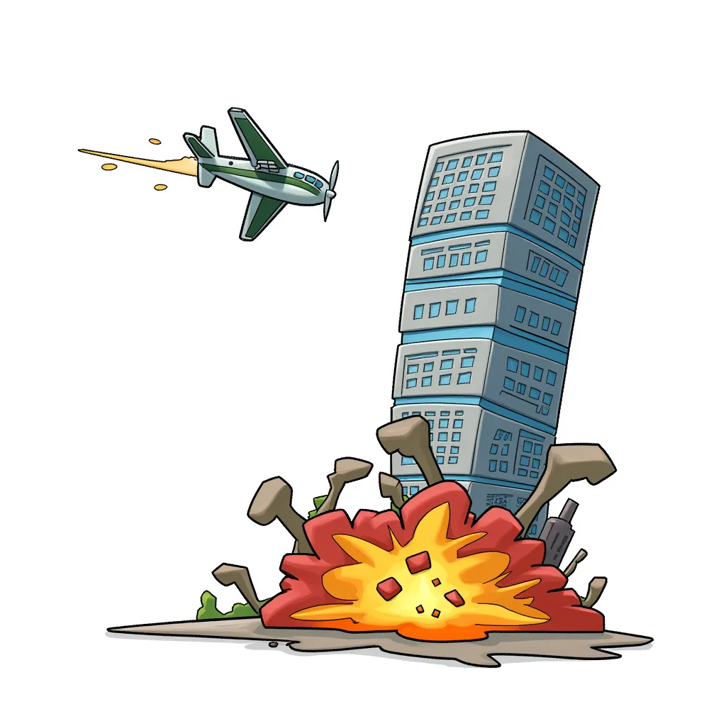 plane flying next to tall building, explosion fire