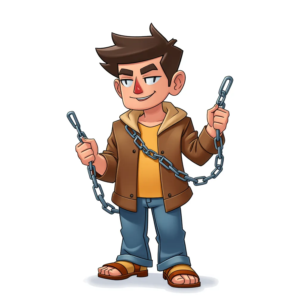 a small brown boy in chains in the style of AIBG, white background