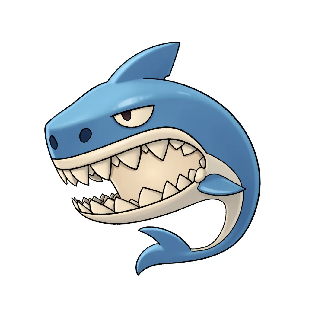 cartoon illustration of a mischievous blue shark with sharp teeth and a wide grin, stylized proportions with large head and small fins, soft gradient shading, clean line art, centered on white background, chibi game character, humorous tone