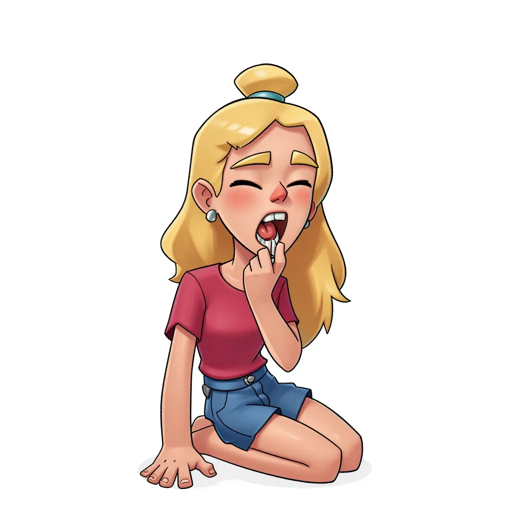 female kneeling, mouth open, tongue out, drooling in the style of AIBG, white background