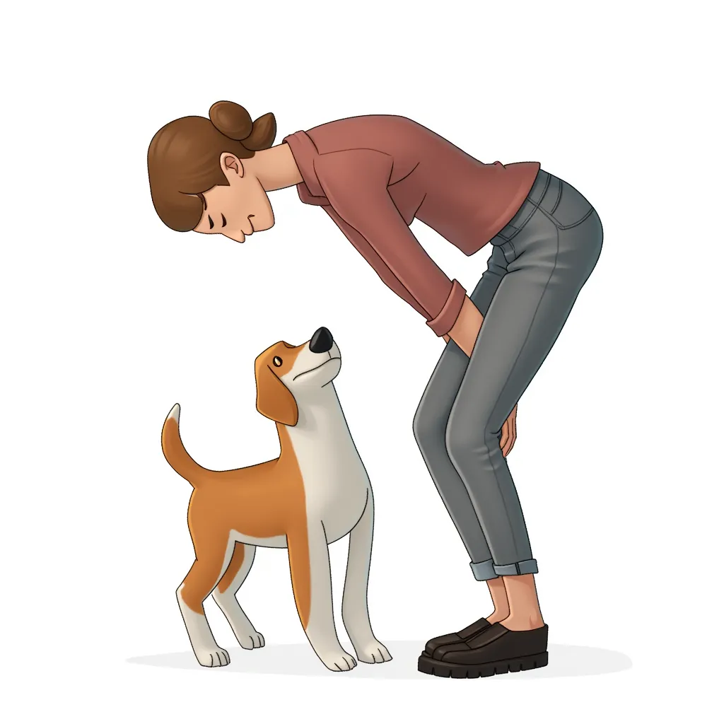 bent over female with a dog behind her
