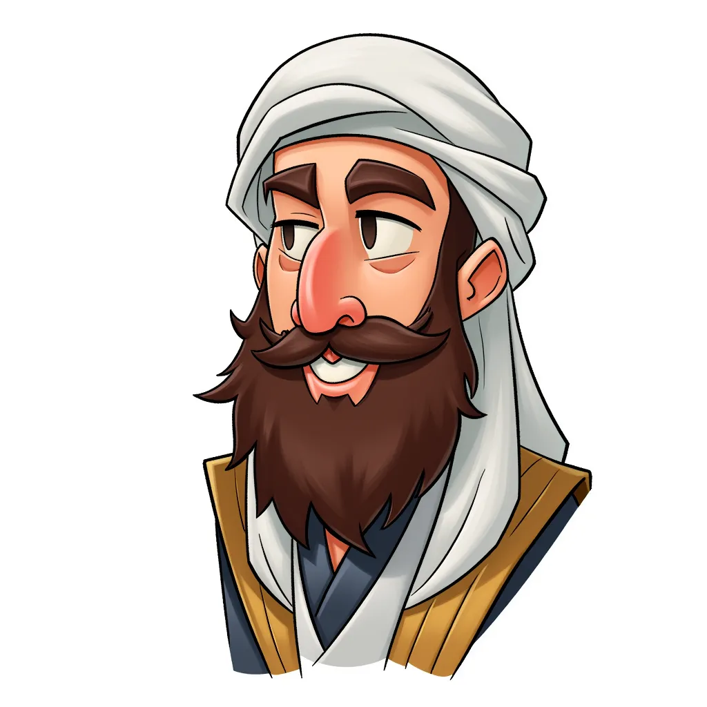 allah caricature, long beard, exaggerated in the style of AIBG, white background