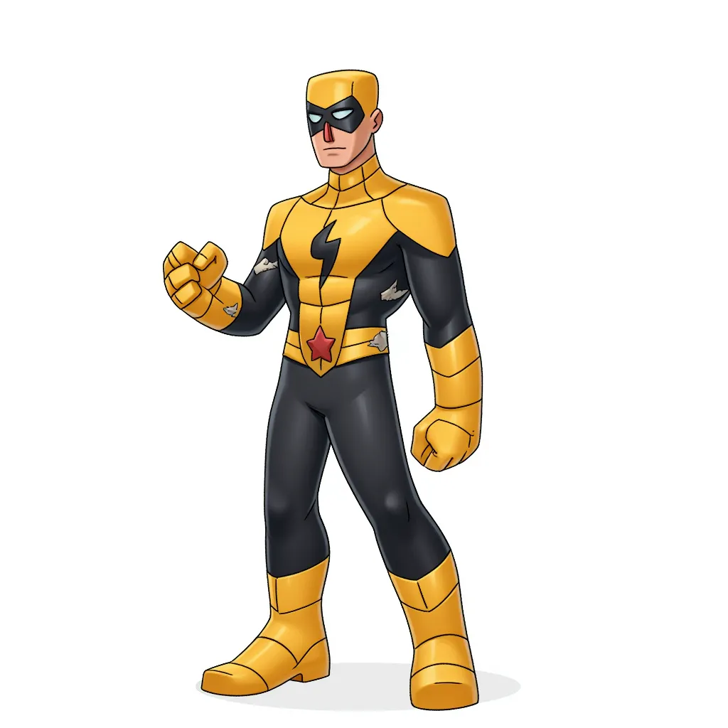 Wearing yellow and black tights he fights crime, but sadly his last  battles have left the suit quite torn.