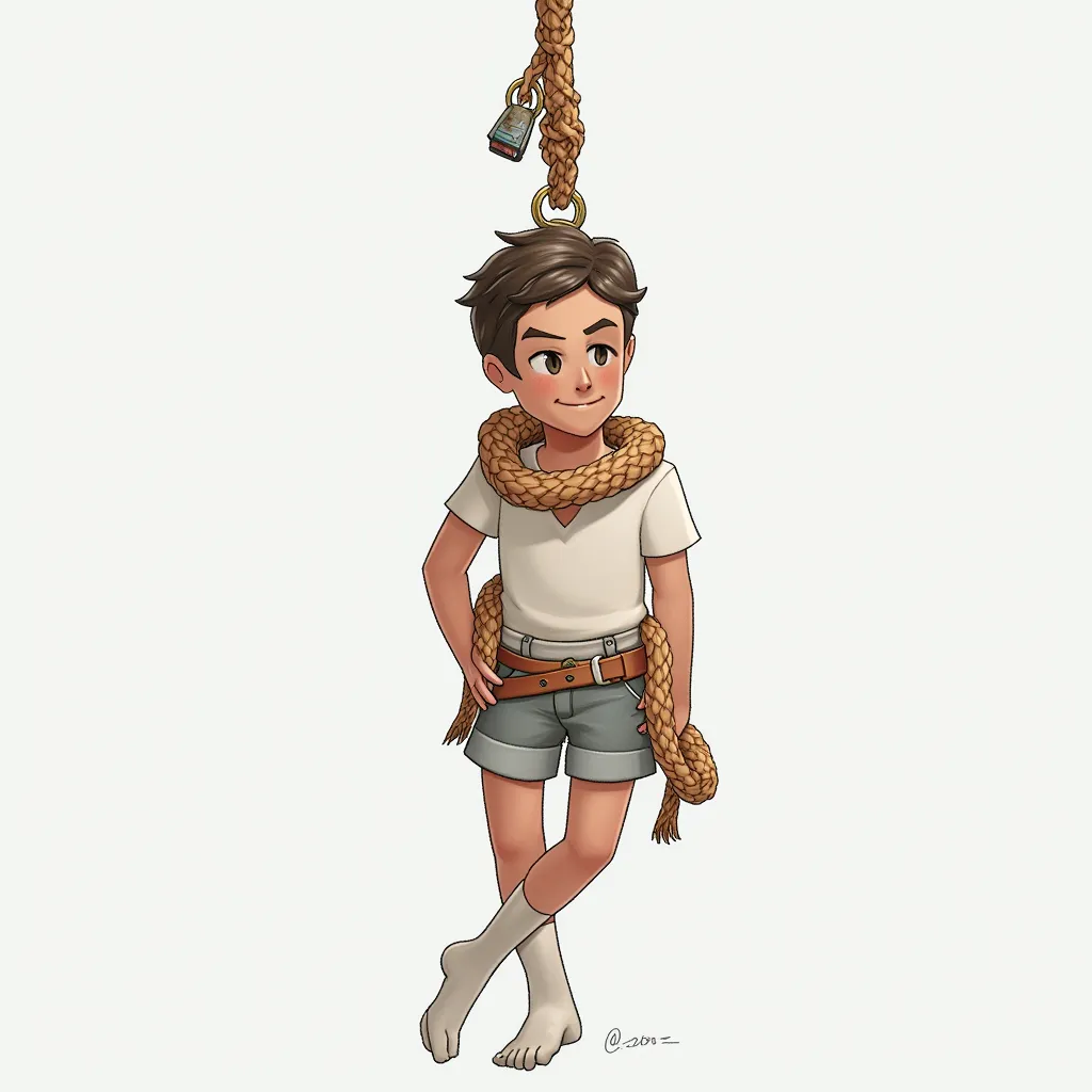 boy with a noose around neck, hanging from the ceiling