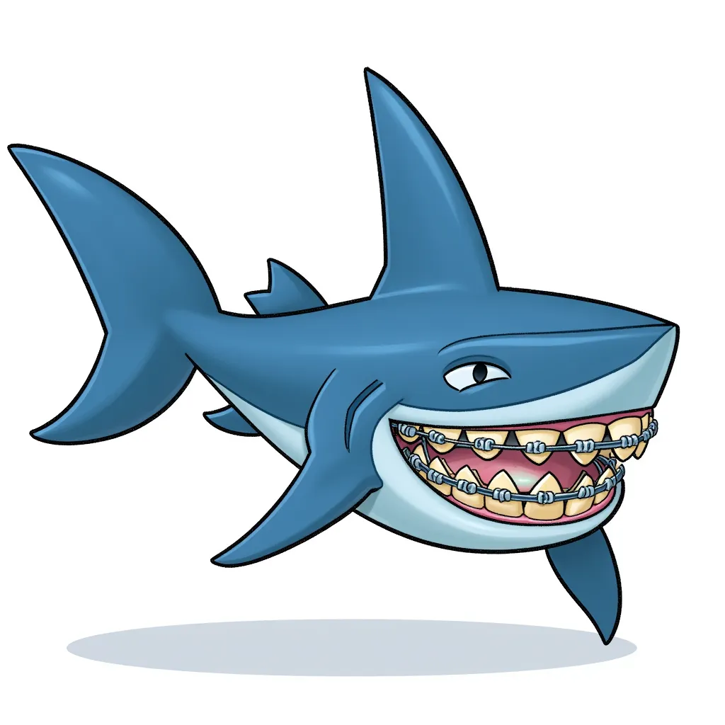 A fearsome blue shark, but he's still going through puberty so he is really akward and uses braces.