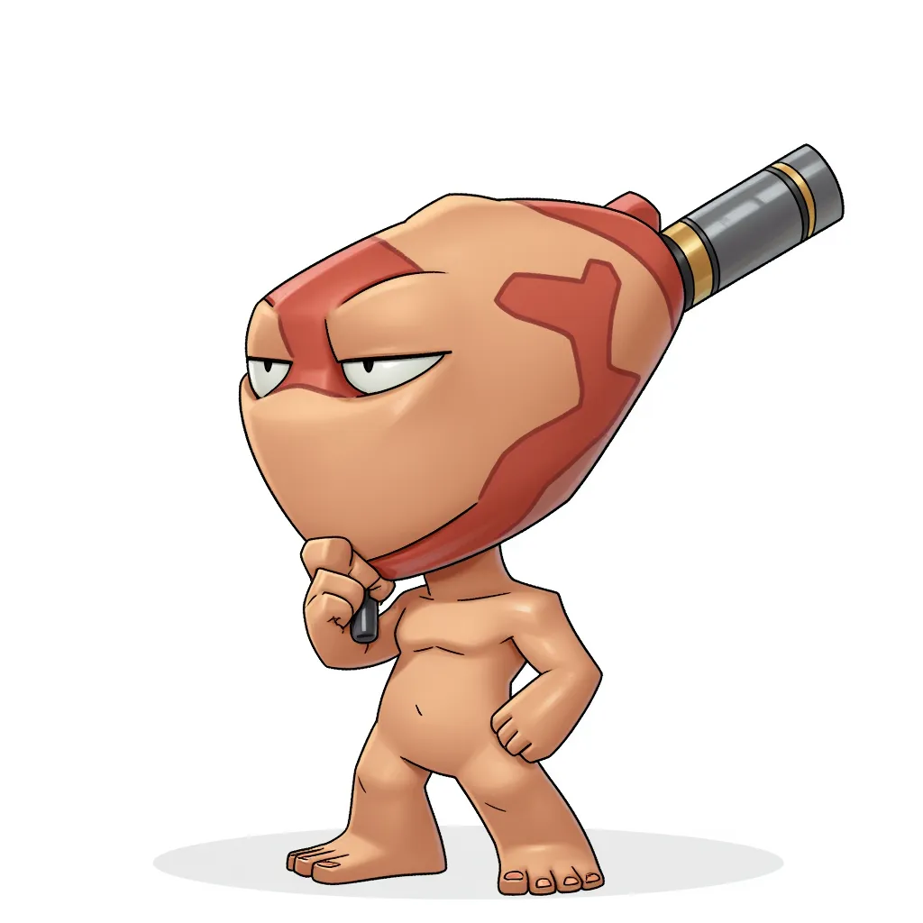 Naked guy with his dick replaced by a bazooka that is tan colored and has a bulbous fleshy head with detailing that provides bump lines engorged and red on this fleshy hard bazooka
