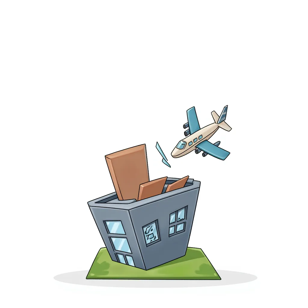 a plane crashing into a building in the style of AIBG, white background
