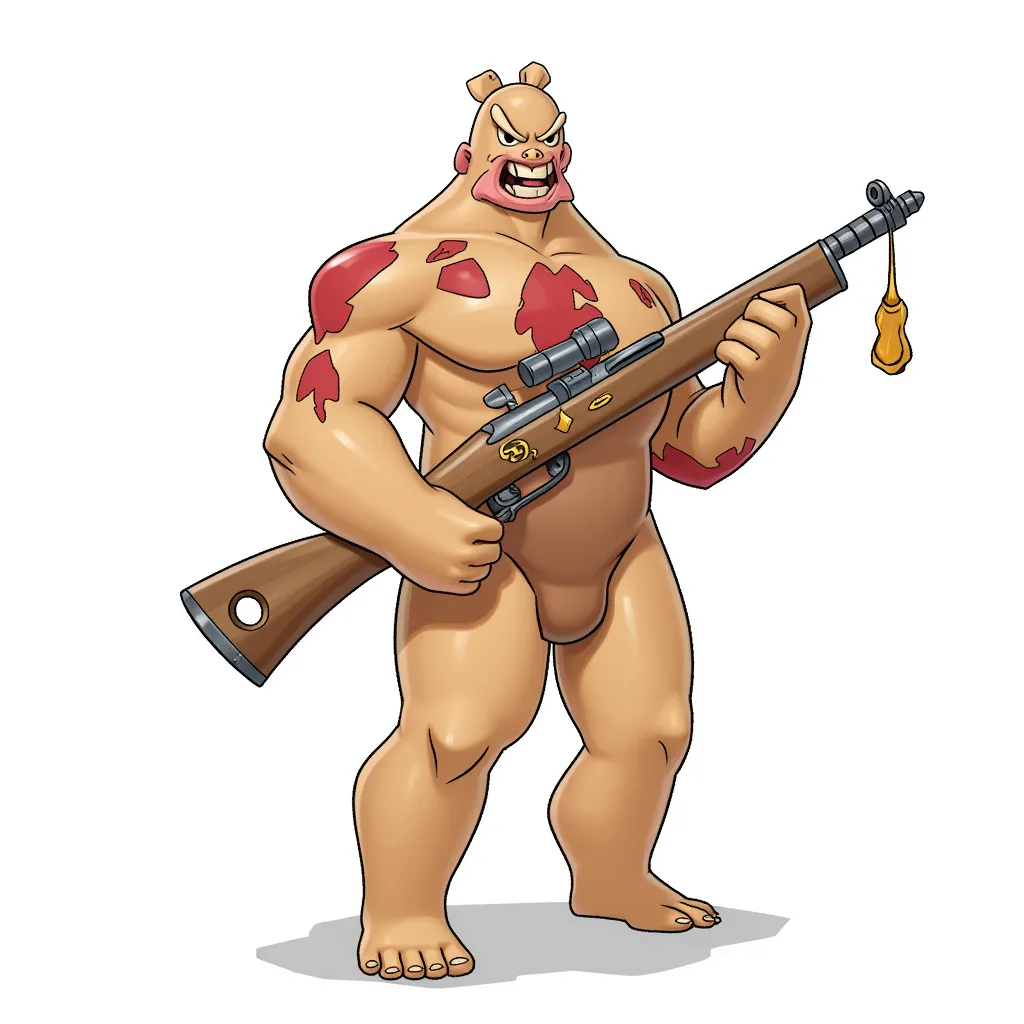 Naked guy with his dick replaced by a bazooka that is tan colored and has a bulbous fleshy head with detailing that provides bump lines engorged and red on this fleshy hard bazooka