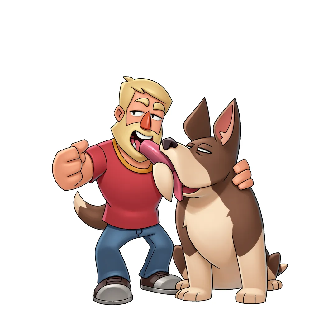 a dog sucking a man's dick. blowjob. oral. in the style of AIBG, white background