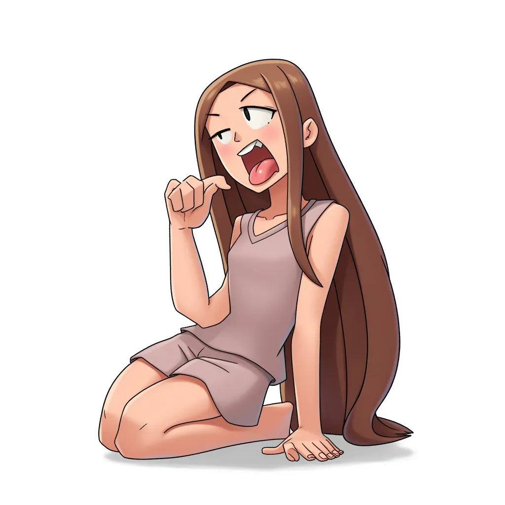 female kneeling, mouth open, tongue out, drooling