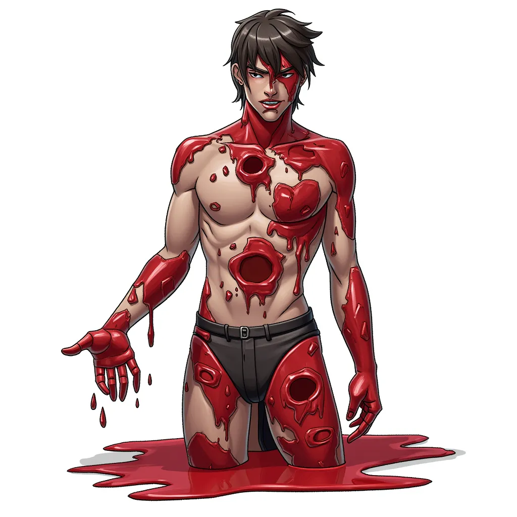 Full body covered in blood, with multiple huge bullet holes that look suspiciously like puckered buttholes