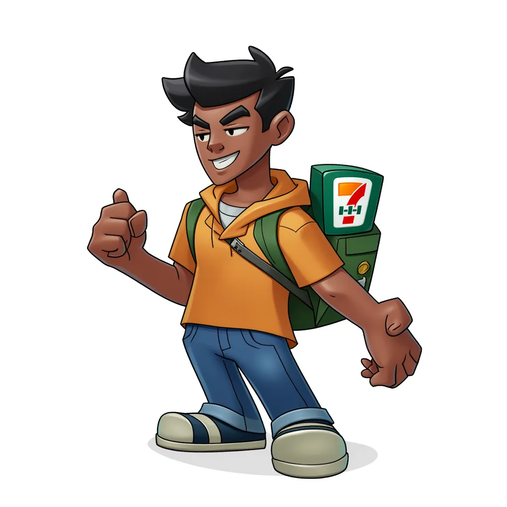 black teen robbing a 7/11 in the style of AIBG, white background