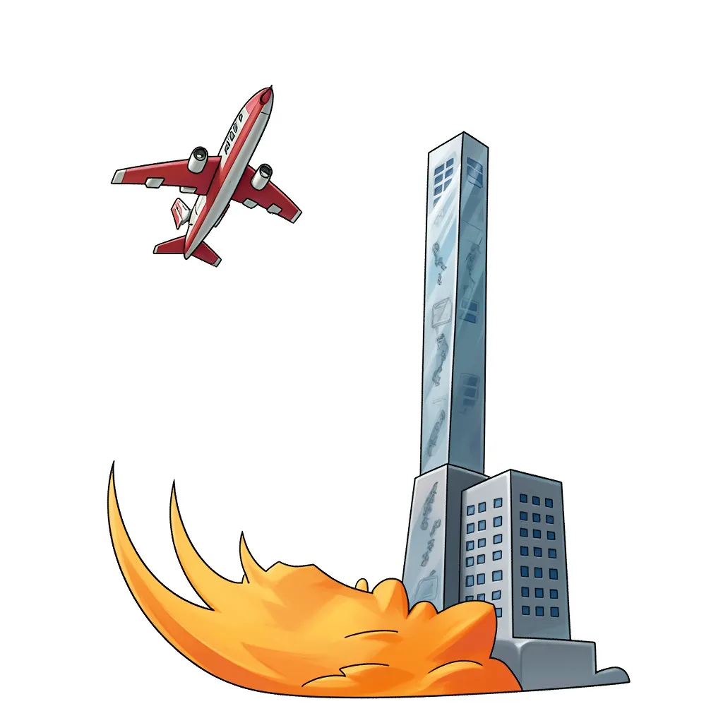 plane flying next to tall building, explosion fire