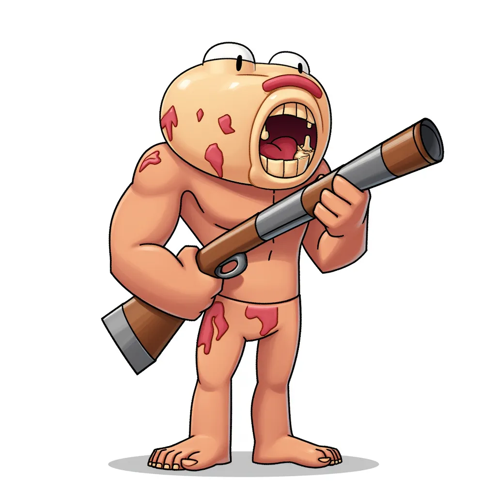 Naked guy with his dick replaced by a bazooka that is tan colored and has a bulbous fleshy head with detailing that provides bump lines engorged and red on this fleshy hard bazooka